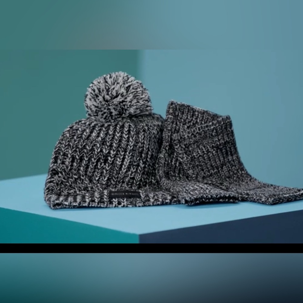 Rebecca Minkoff Black and Gray Knit Hat and Fingerless Gloves Set- NEW
